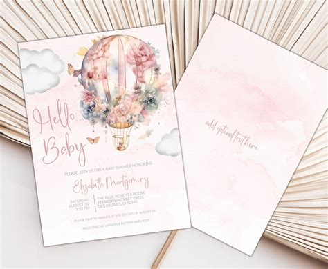 Pink Floral Hot Air Balloon Baby Shower Invitation Butterfly Balloon Baby Shower Invite