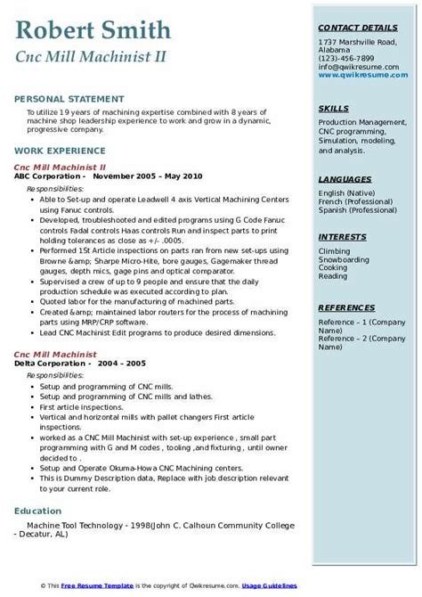 Cnc Mill Machinist Resume Samples Qwikresume