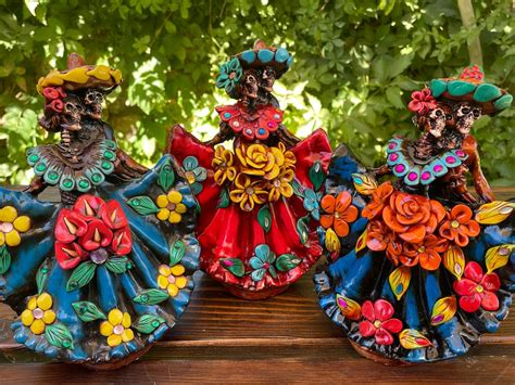 Elegant Clay Catrina and Catrin Couple With Inlaid Stones and Charro Hat / Dia De Los Muertos ...