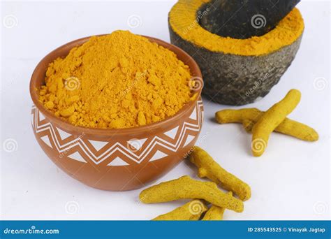 Dry Turmeric Powder Curcuma Longa Linn Stone Mortar Stock Image