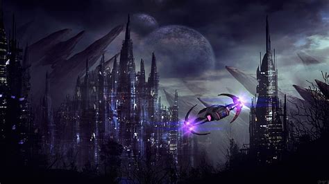 Free download | HD wallpaper: City, ship, planet, lights, future ...