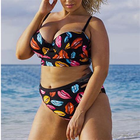 XXXL Plus Size Swimwear Women Lips Cut Out High Waist Push Up Bikini