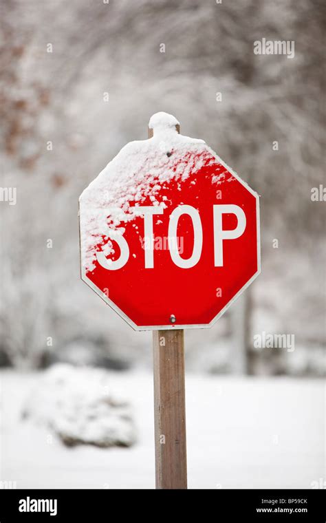 Oregon United States Of America Snow On A Stop Sign Stock Photo Alamy