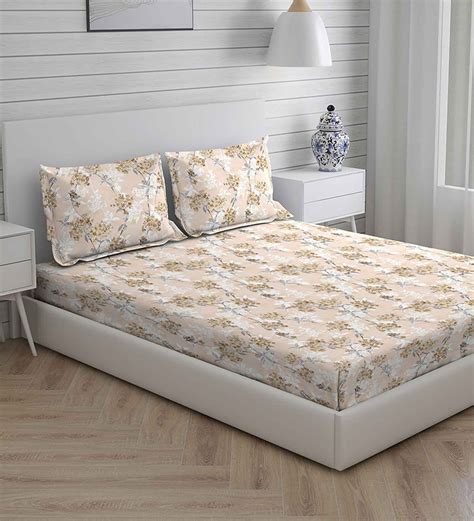 Buy Beige Floral 300 Tc Cotton King Sized Bedsheet With 2 Pillow Covers