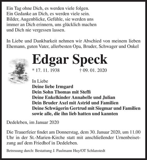 Traueranzeigen Von Edgar Speck Abschied Nehmen De