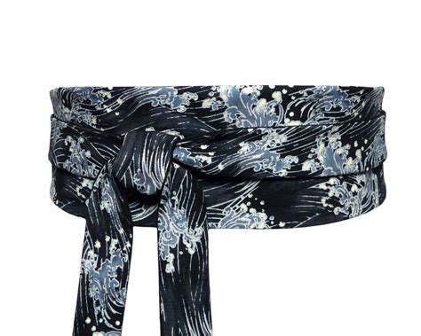 Ceinture Obi Noir à Motif de Vagues Grises Polina Couture