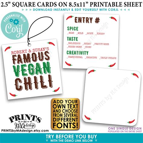 Editable Chili Labels Chili Cook Off Voting Ballots Square Cards