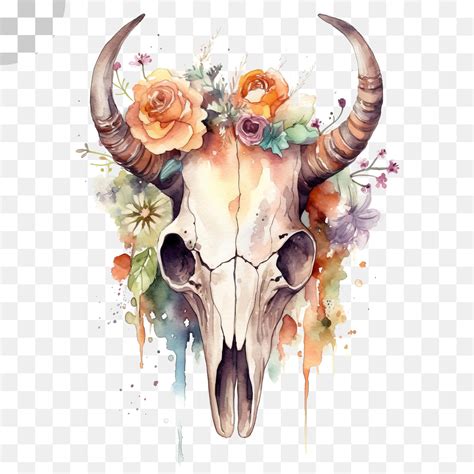 Premium PSD | A cow skull with flowers and a bull on it - cow skull png ...