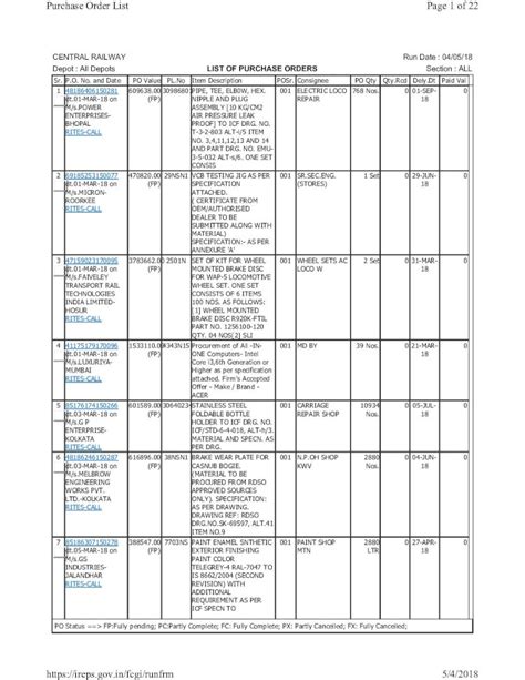 PDF All Depots LIST OF PURCHASE ORDERS Central Railway Indian Cr