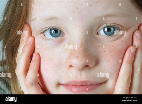 CLOSE UP OF YOUNG GIRL WITH BLUE EYES AND FAIR COMPLEXION AND Stock ...