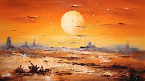 Ai Generated Illustration Of An Oil Painting Depicting The Hot Desert At Sunset Stock