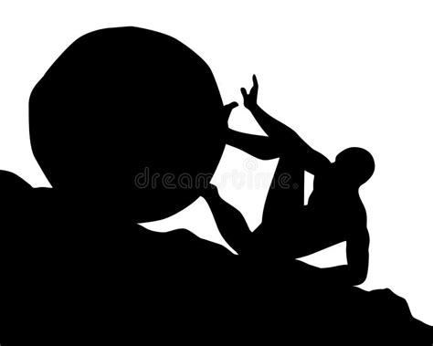 Silhouette Of Man Pushing Big Boulder Uphill On White Background Stock