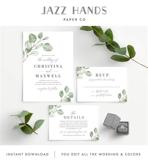 Stationery Design Templates Paper Party Supplies Eucalyptus Wedding