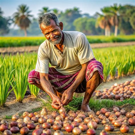 A Man Kneeling In A Field Of Onions With Palm Trees In The Background