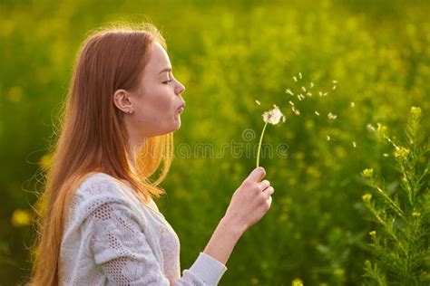 Redheaded Teen Girl Blowing On Dandelions Stock Image Image Of