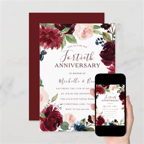 Invitaci N Burgundy Ruby Red Floral Aniversario Boda Zazzle Es