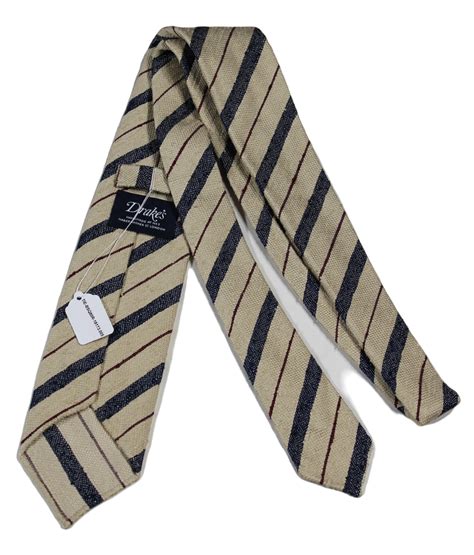 Drakes Oatmeal Raw Silk Tie Wnavy And Brown Repp Stripe Peurist