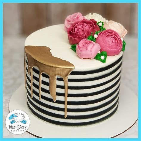 Black And White Striped Buttercream Cake With Pink Florals Nj Cake