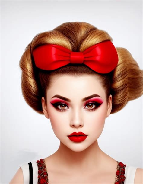 Premium Ai Image Pretty Girl With Unusual Hairstyle Bright Makeup Red