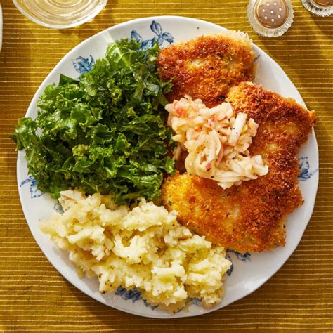 Recipe Crispy Chicken Schnitzel With Mashed Potatoes And Creamy Mustard Dressed Kale Blue Apron