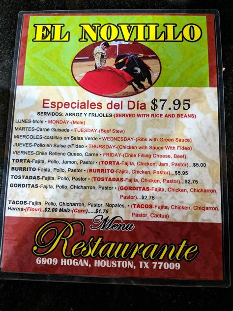 Carta Del Restaurante Taqueria El Novillo Houston