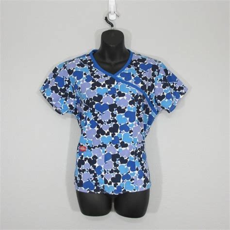 Dickies Tops Dickies Womens Scrub Top Small Blue Hearts Love Mock Wrap Nurse Doctor Medical