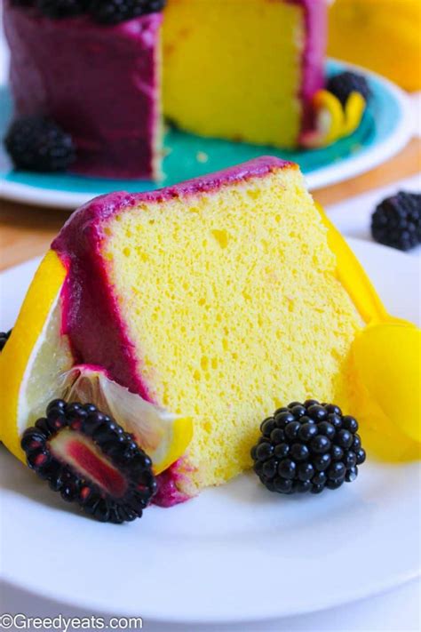 Lemon Chiffon Cake Recipe With Blackberry Glaze Greedy Eats