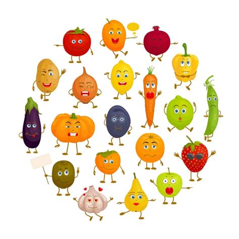 Vector Characters Cartoon Vegetables And Fruits With Different