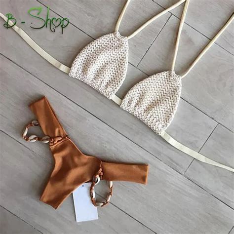 2016 Sexy Micro Crochet Bikini With Shell White Thong Bikini Swimwear