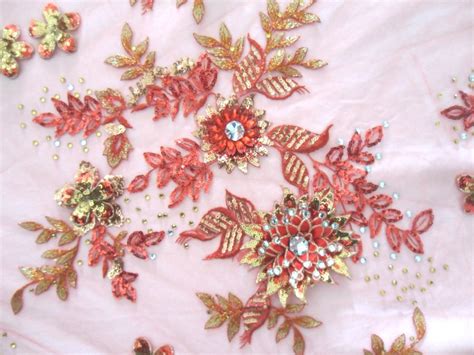 Embroidered D Applique Fabric Red Gold Sequin Rhinestone Floral Design