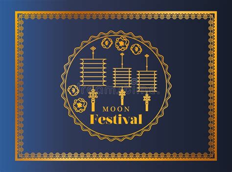 Moon Festival with Lanterns and Seal in Gold Frame on Blue Background ...