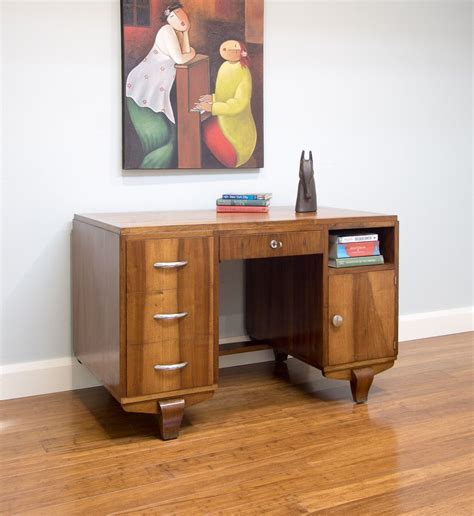 6105 Vintage Art Deco Walnut Desk Cabinet Drawers Open Shelf