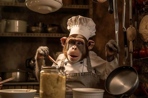 Premium Ai Image A Monkey In A Kitchen Wearing A Chefs Hat