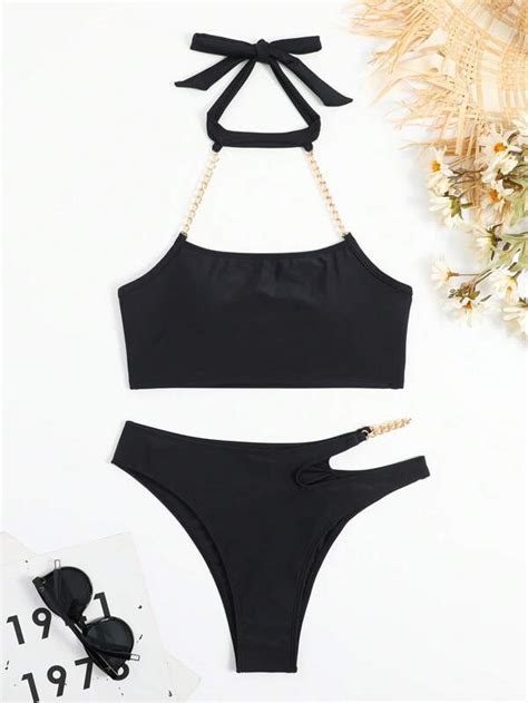 Shein Swim Bae Mono Bikini Set Chain Linked Halter Top And Cutout Bikini