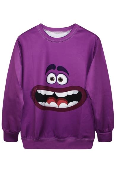 Funny Cartoon Character Print Purple Sweatshirt - Beautifulhalo.com