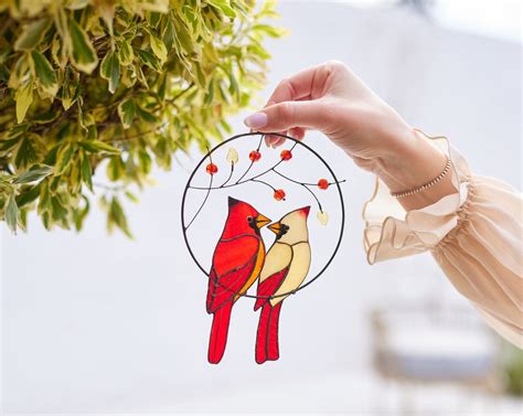 Red Cardinal Stained Glass Suncatcher For Window Couple Of Red Cardinal