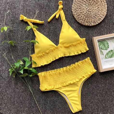 2019 Ruched Dobra Mulheres Sexy Bandage Bikini Sets Sólidos Correias