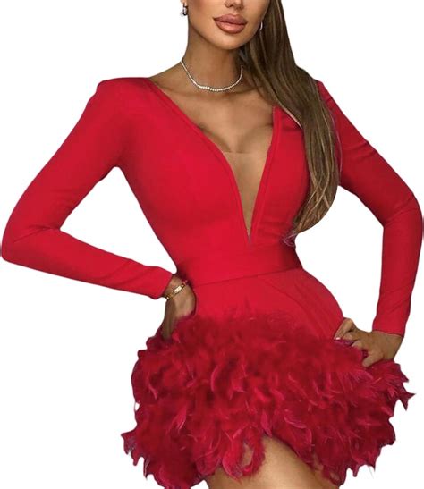 Jinsiju Women Feather Trim Bodycon Dress Sexy Long Sleeve Deep V Neck