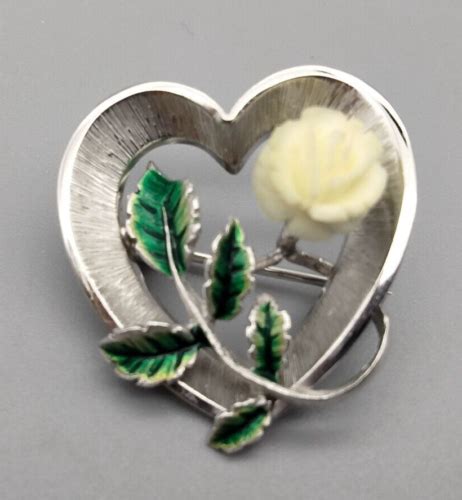 Beau Sterling Heart Carved Celluloid Flower Enamel Brooch Pin 1 Inch