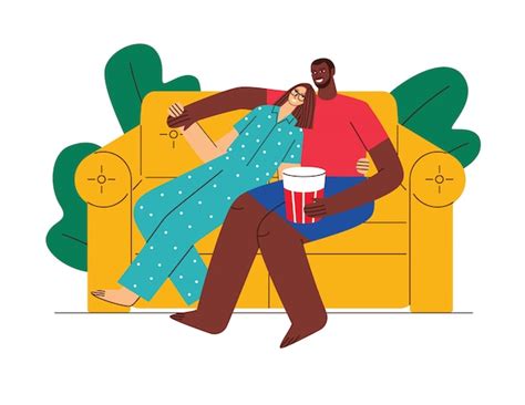 Ilustra O Colorida Estilo Simples Casal Apaixonado Assistindo Tv Em