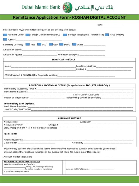 Fillable Online Remittance Application Form Roshan Digital Account Fax