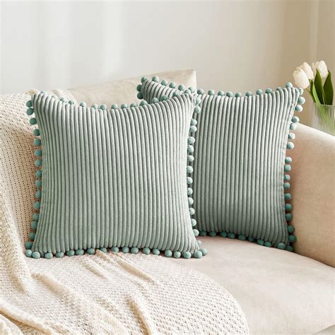 Miulee Boho Decorative Throw Pillow Covers With Pom Poms Soft Corduroy Square Solid