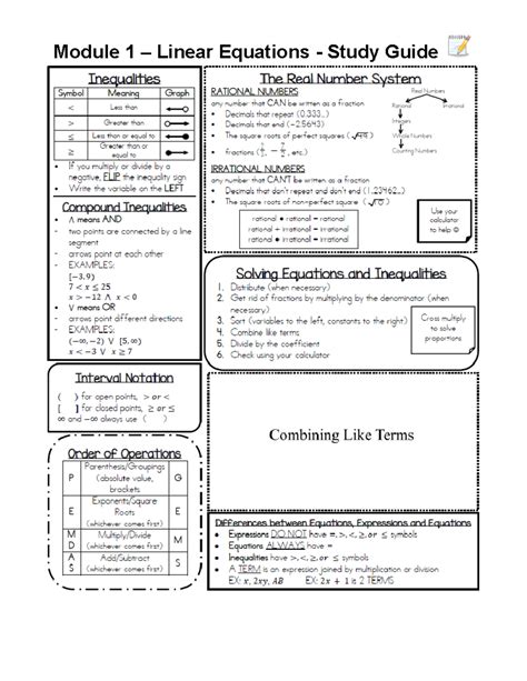 Copy of Module 1 Equations and Inequalities Study Guide (word) - Solving Linear Equations (with