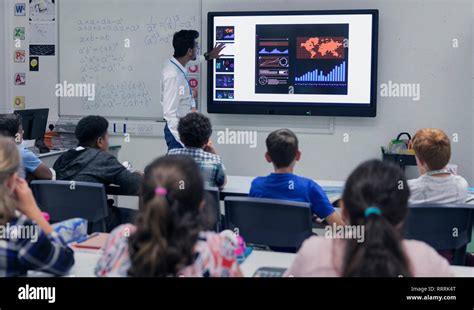 Male Teacher Leading Lesson At Touch Screen Television In Classroom