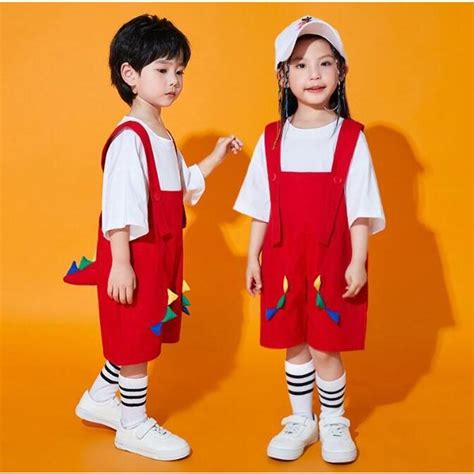 サロペット 子供服 ダンス衣装 恐竜 赤緑青の尻尾付 子供 オーバーオール＋半袖tシャツ2点セット 動物 演出衣装 ヒップホップダンス 衣装