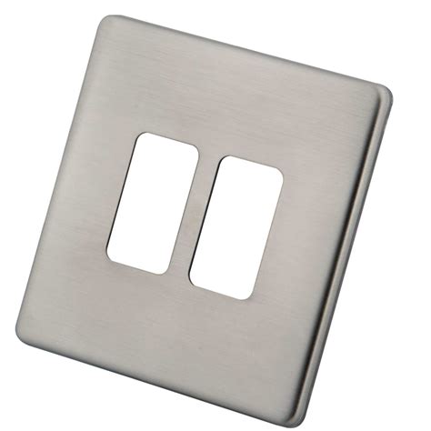 M2 Decorative Screwless 2 Gang Grid Front Plate Brushed Stainless Steel