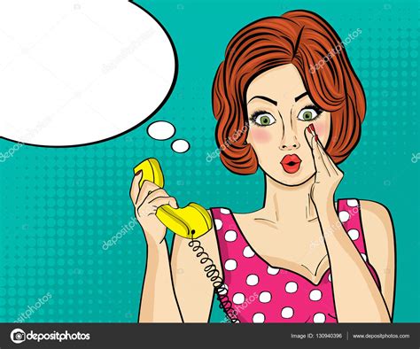 Surprised Pop Art Woman Chatting On Retro Phone Comic Woman W Stock