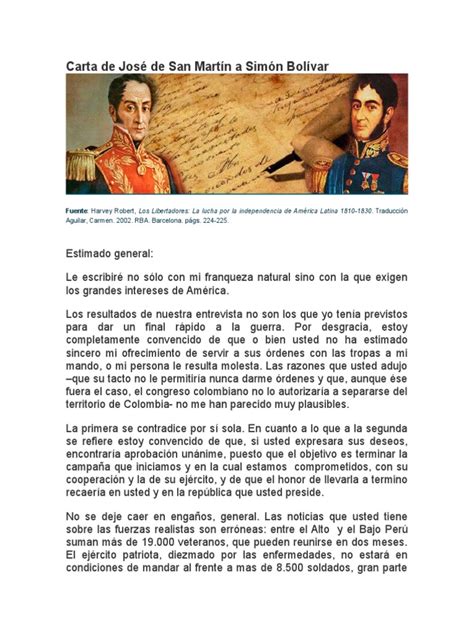 Carta De José De San Martín A Simón Bolívar Docx Perú Colombia