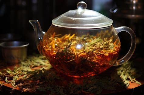 Premium AI Image | Closeup of tea leaves steeping in a glass teapot