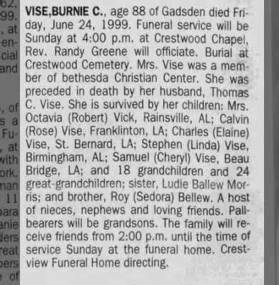 Burnie Clara Ballew Vise 1911 1999 Find A Grave Memorial